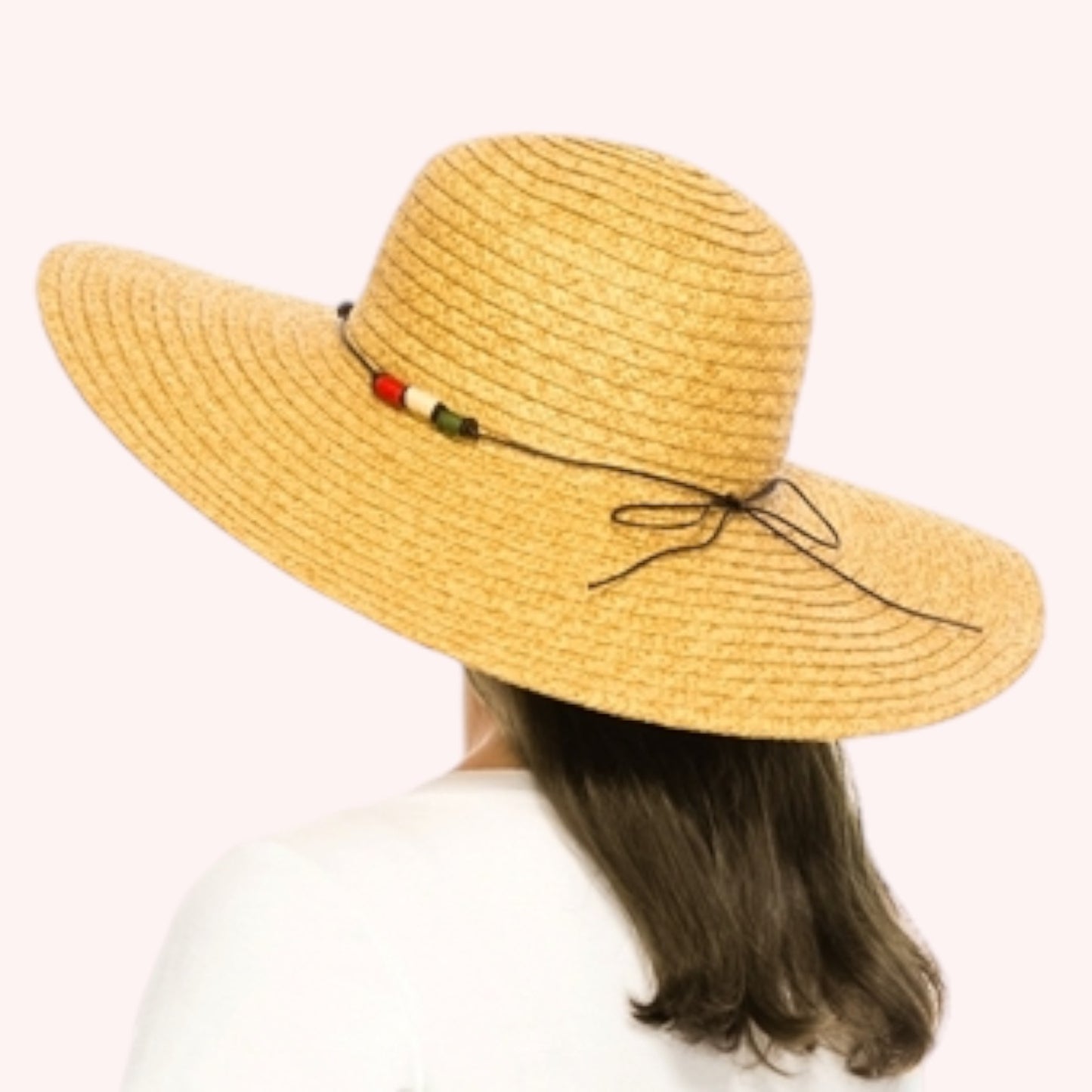 Straw Wide Brim Hat with Colorful Wrapped Beads