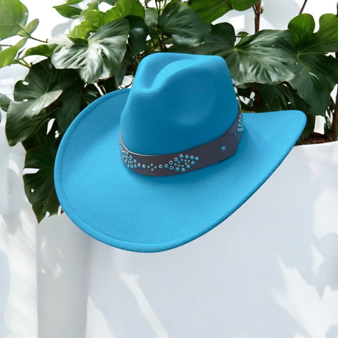 VEGAN FELT COWBOY HAT STUDDED LEATHER BELT