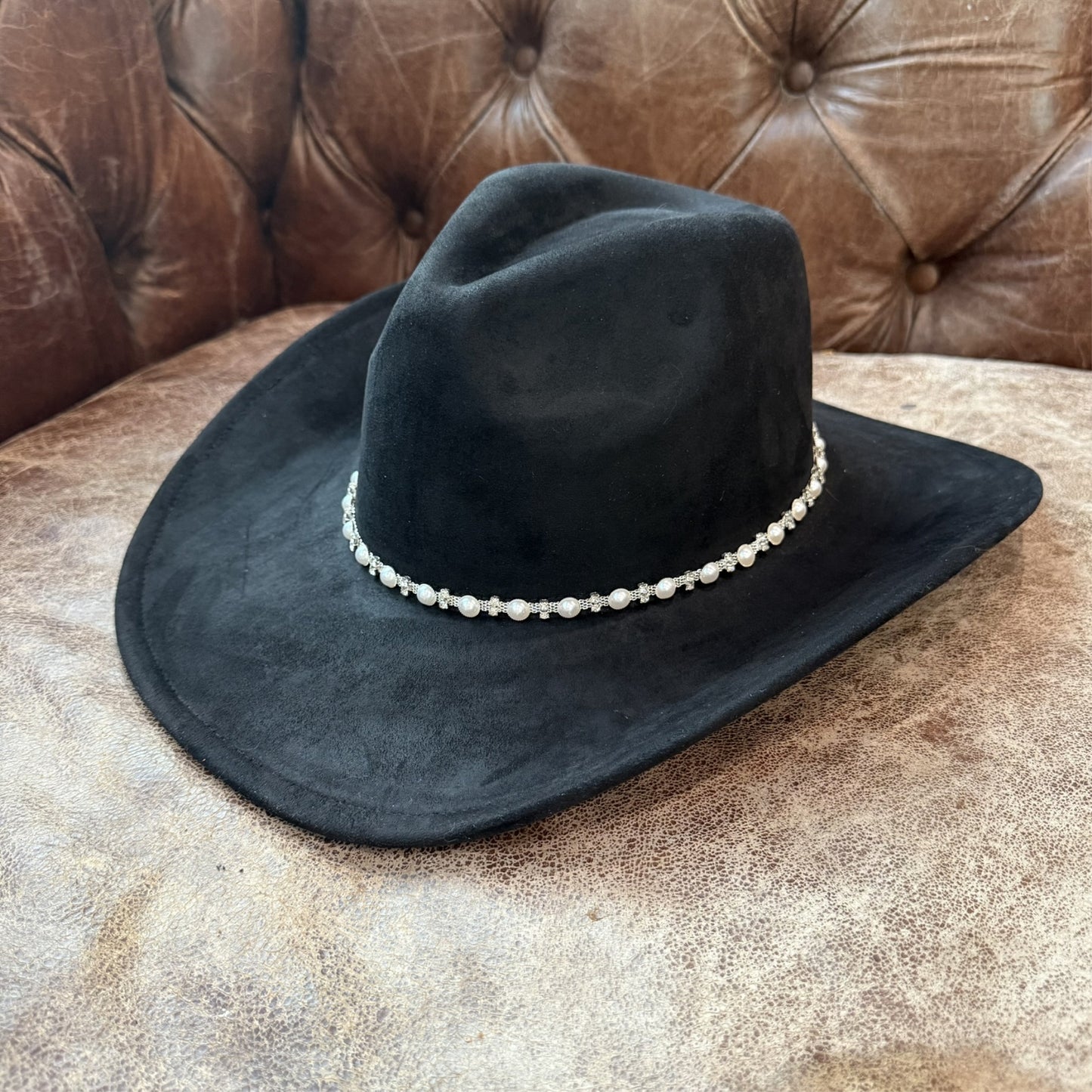 Vegan Suede Cowboy Hat with Pearl & Rhinestone Trim