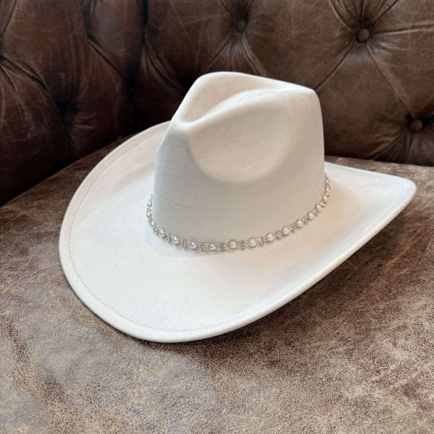 Vegan Suede Cowboy Hat with Pearl & Rhinestone Trim
