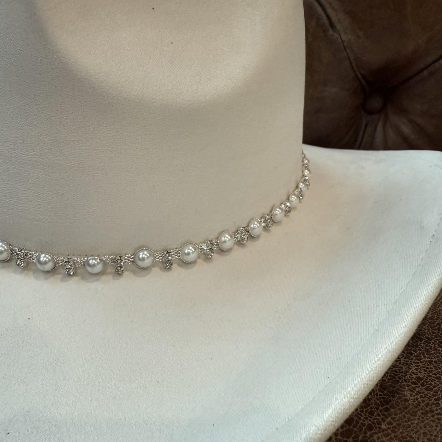Vegan Suede Cowboy Hat with Pearl & Rhinestone Trim