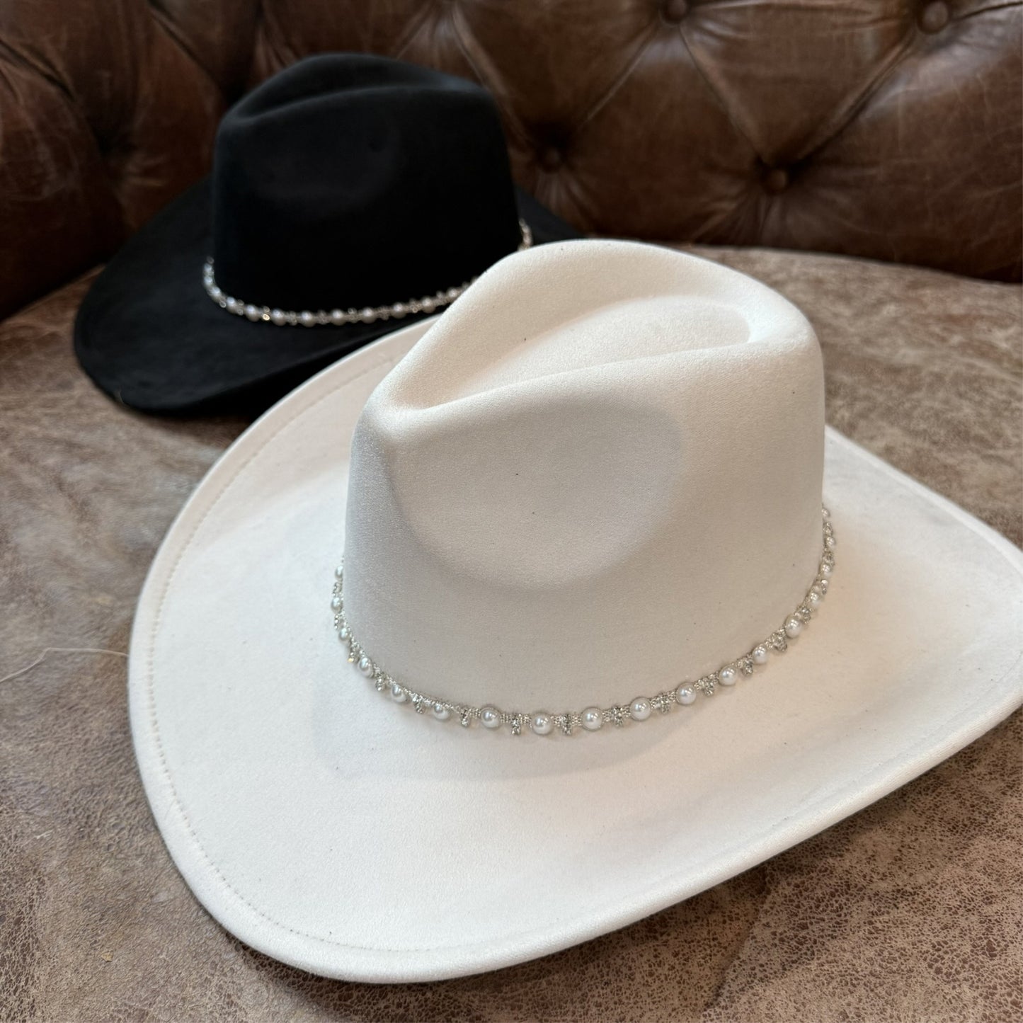 Vegan Suede Cowboy Hat with Pearl & Rhinestone Trim