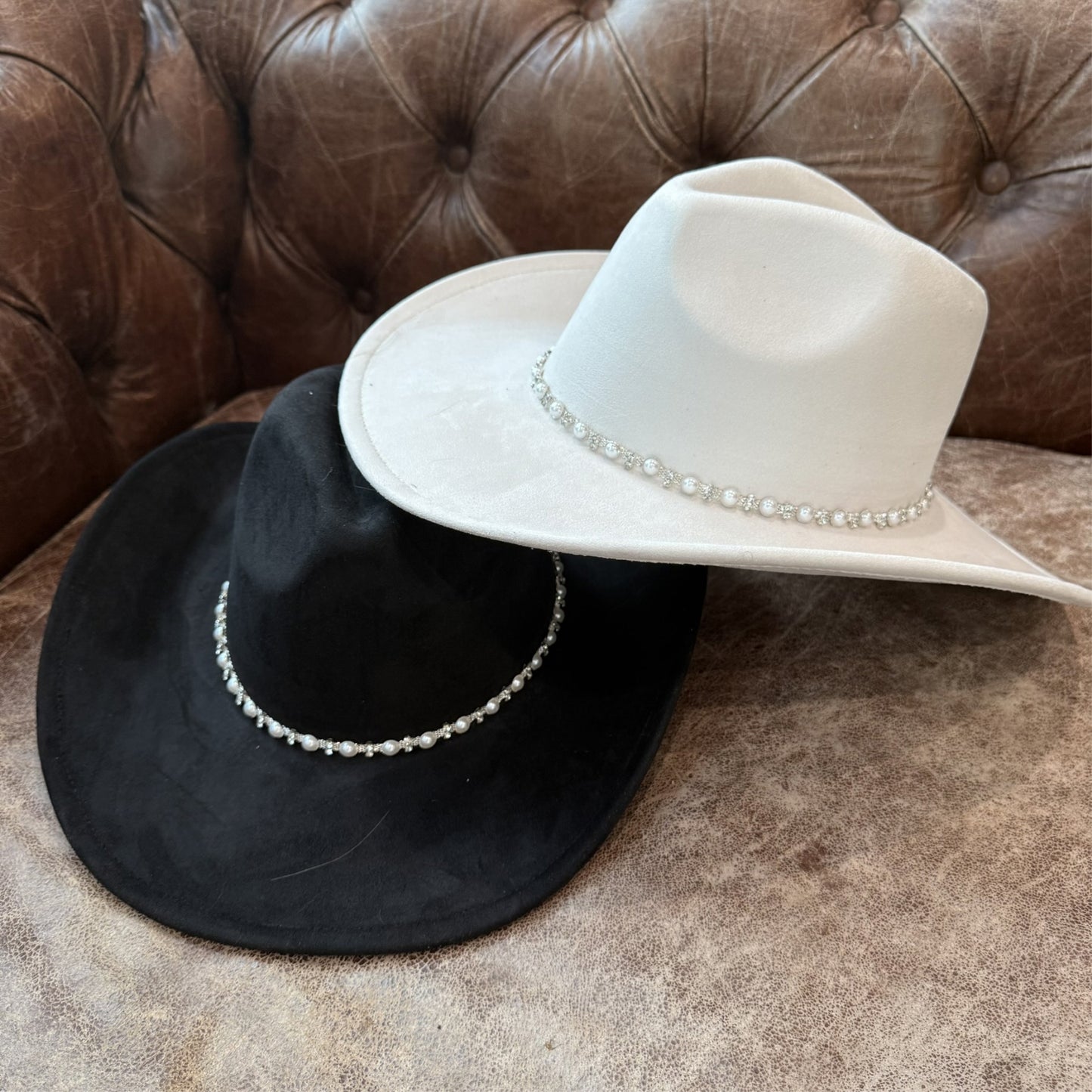 Vegan Suede Cowboy Hat with Pearl & Rhinestone Trim