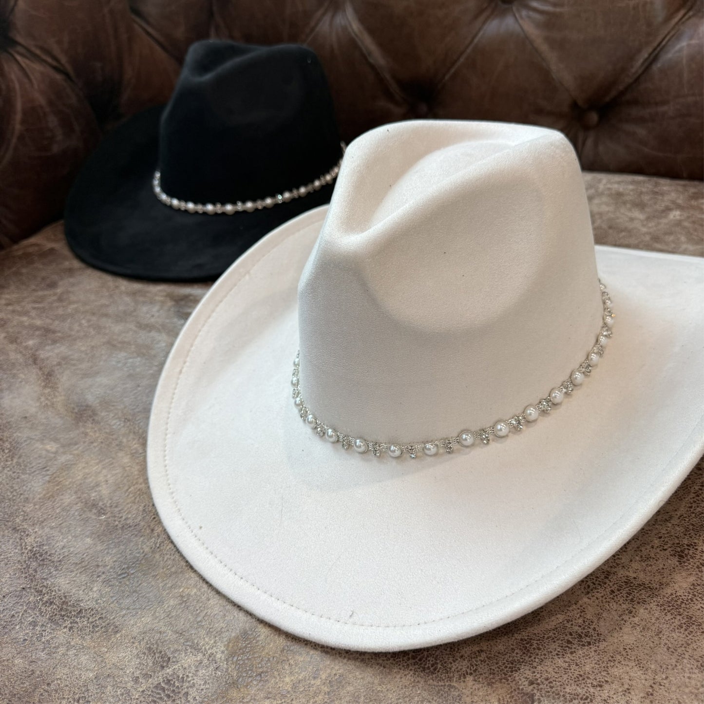 Vegan Suede Cowboy Hat with Pearl & Rhinestone Trim