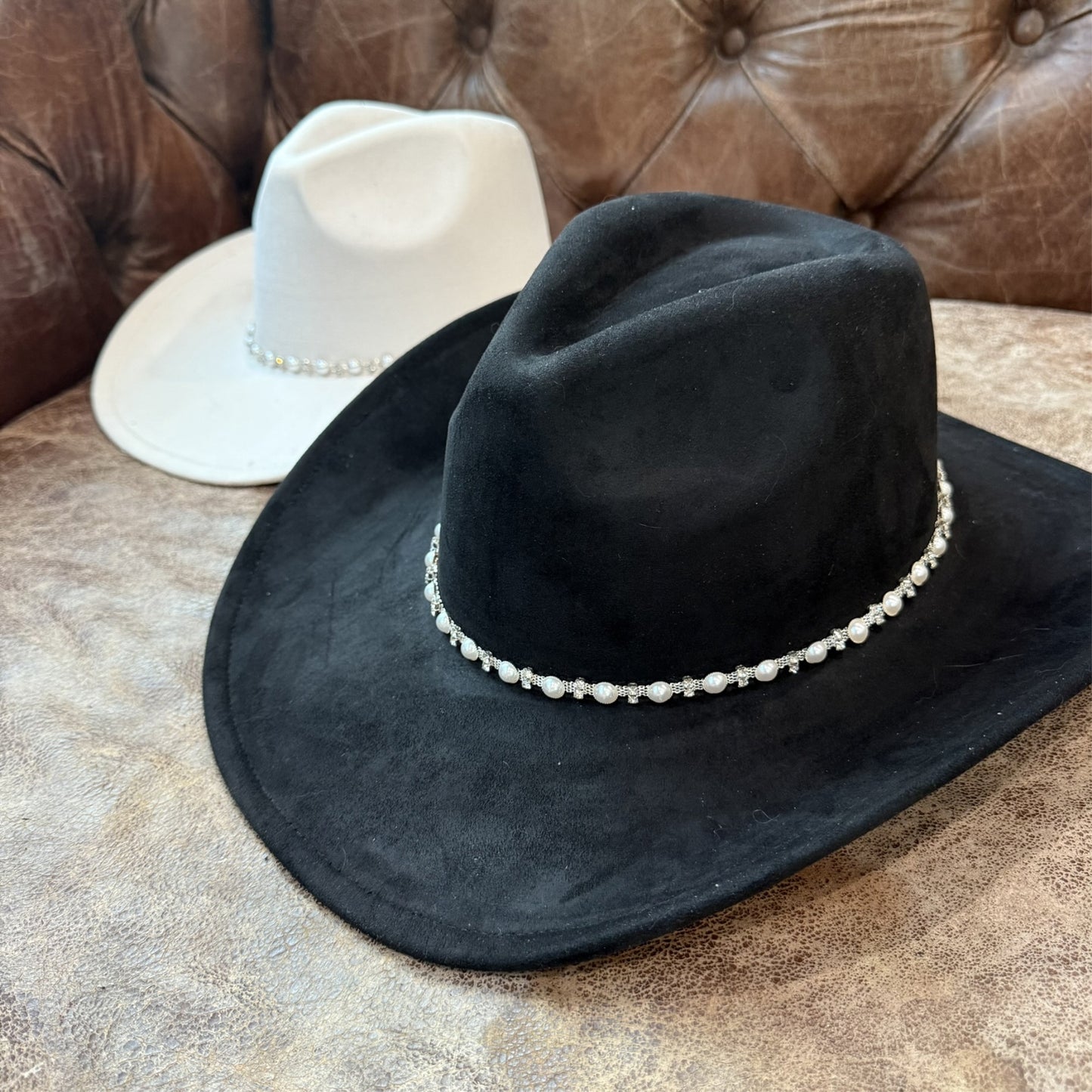 Vegan Suede Cowboy Hat with Pearl & Rhinestone Trim