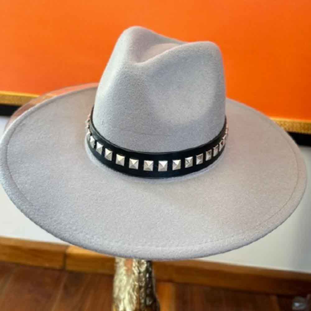 VEGAN FELT FEDORA W/STUDDED LEATHER BELT