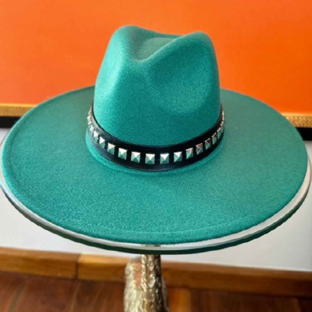VEGAN FELT FEDORA W/STUDDED LEATHER BELT