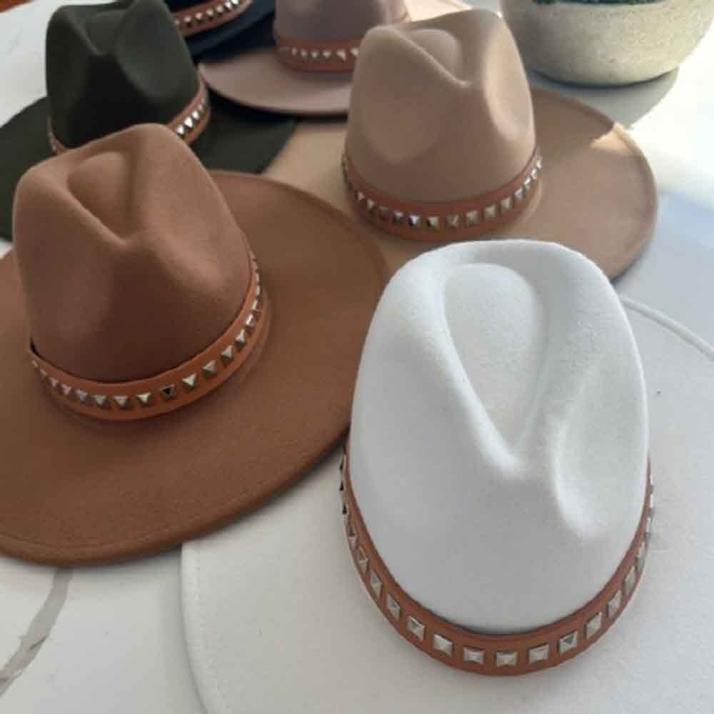 VEGAN FELT FEDORA W/STUDDED LEATHER BELT