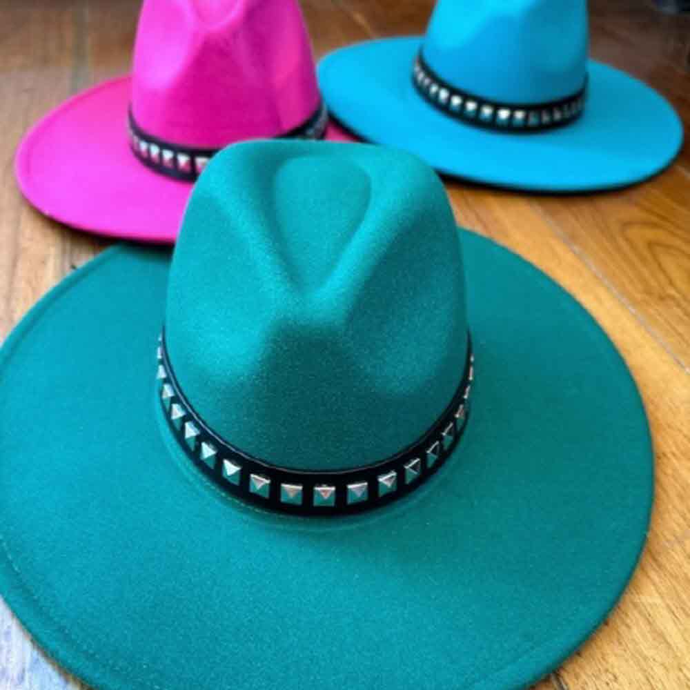 VEGAN FELT FEDORA W/STUDDED LEATHER BELT