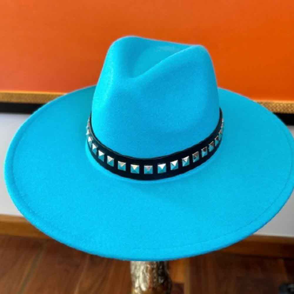 VEGAN FELT FEDORA W/STUDDED LEATHER BELT