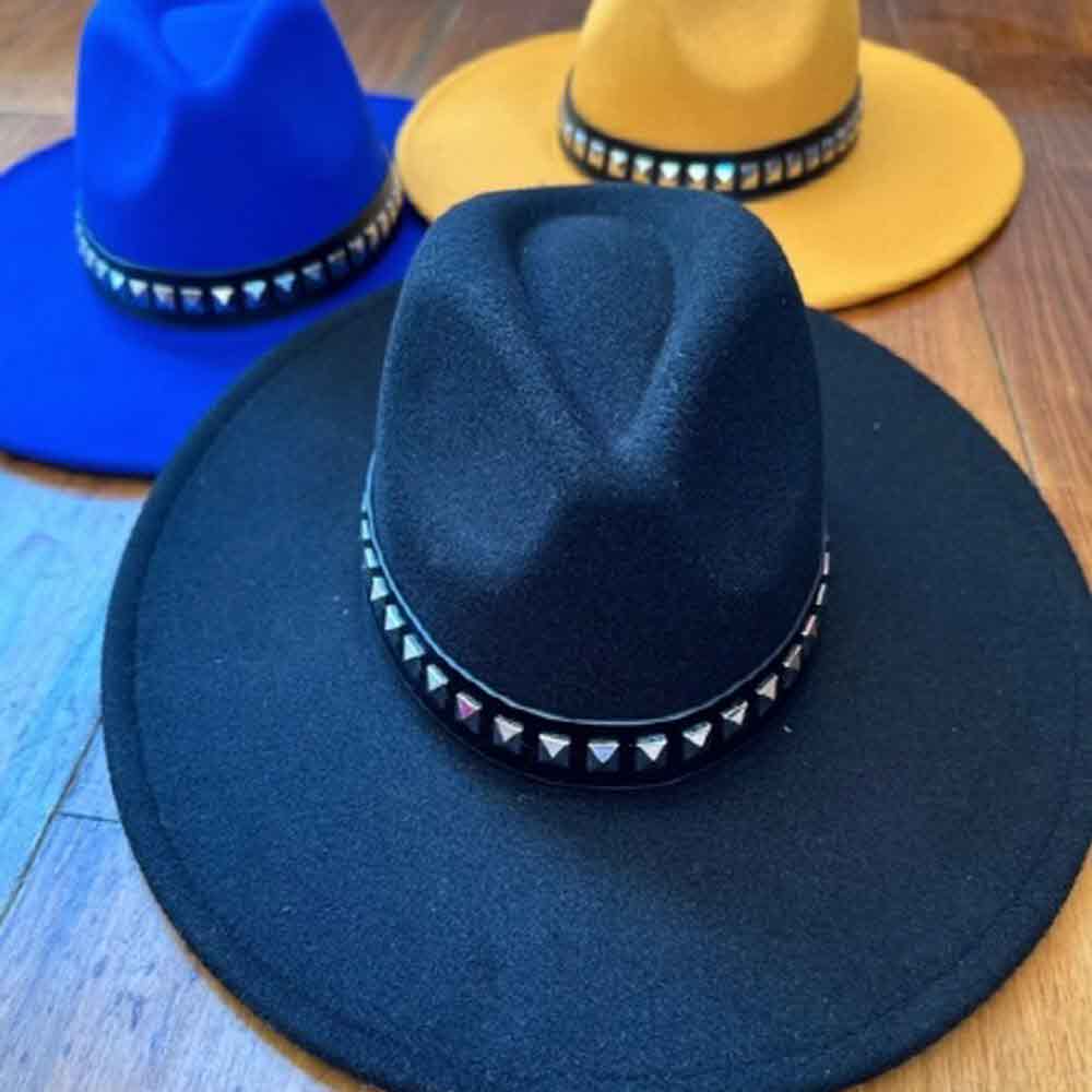 VEGAN FELT FEDORA W/STUDDED LEATHER BELT