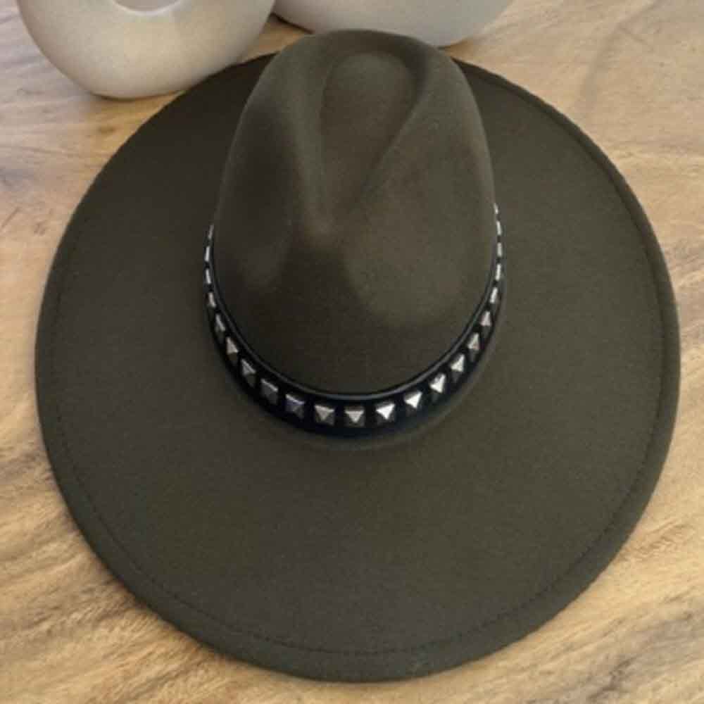VEGAN FELT FEDORA W/STUDDED LEATHER BELT