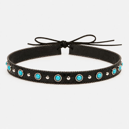 Black Vegan Leather Hat Band with Turquoise Stones