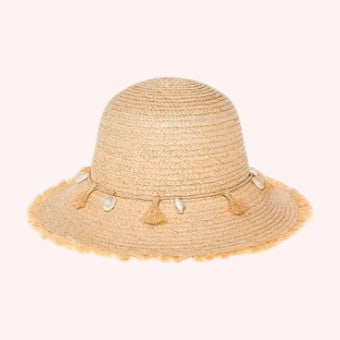 Raffia Fringe Bucket Hat w/ Shells – Handmade & Packable