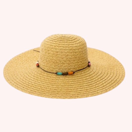 Straw Wide Brim Hat with Colorful Wrapped Beads