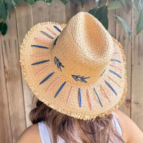 Braided Embroidery Striped Brim floppy  Sun Hat