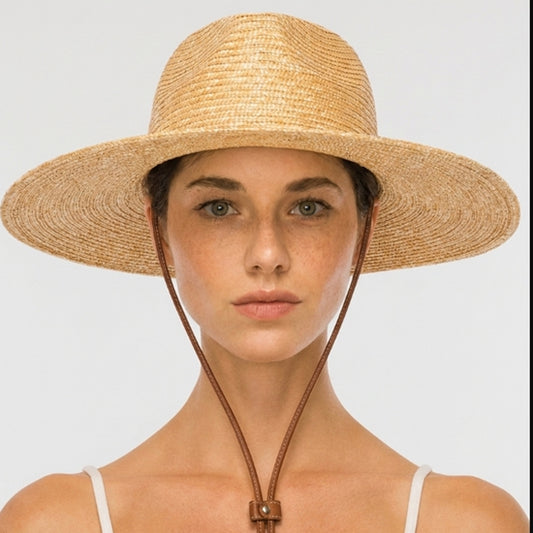 Wheat Straw Wide Brim Rancher Hat with Leather Chin Cord - women's straw hat - SOLOVE