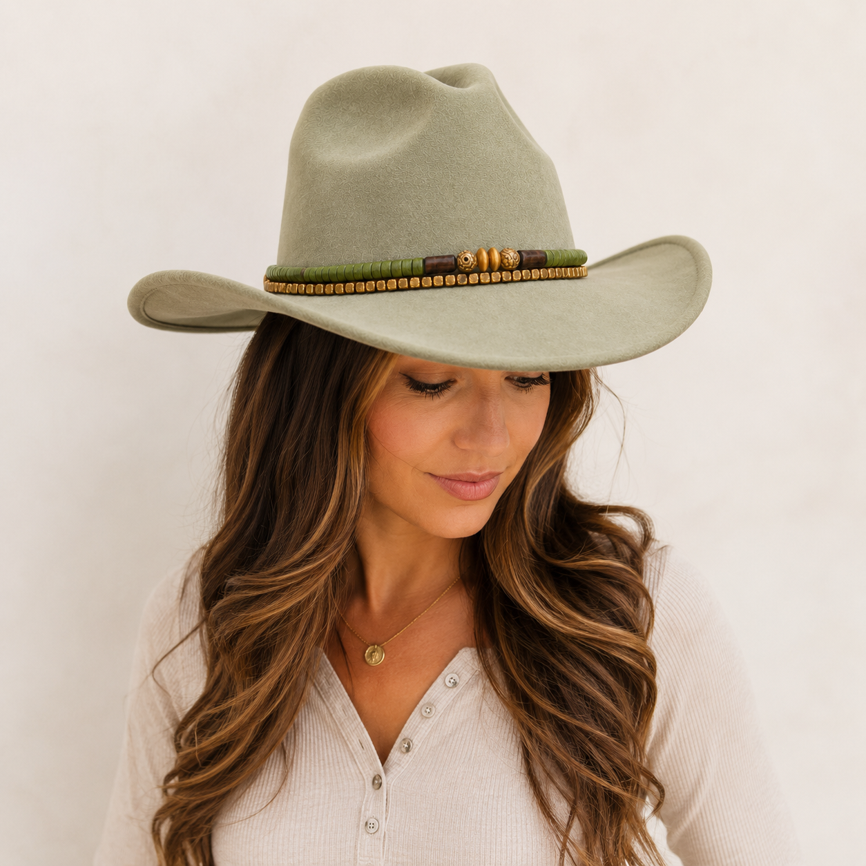Boho Western Green Beaded Adjustable Hat Band