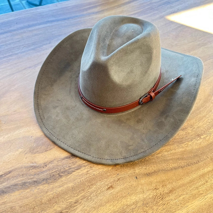 VEGAN SUEDE COWBOY HAT W/ LEATHER BELT