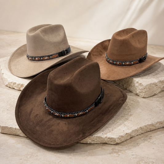 Studded Concho Band Vegan Suede Cattleman Hat - Black