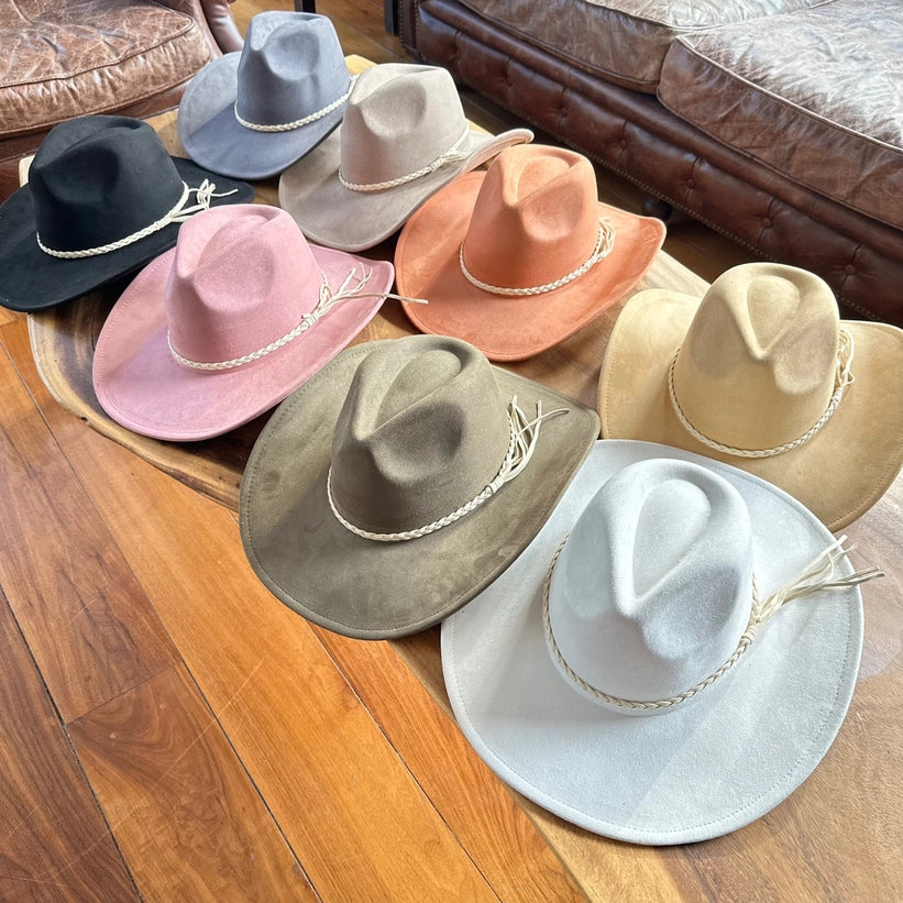 VEGAN SUEDE COWBOY HAT W/ BRAID SUEDE BELT