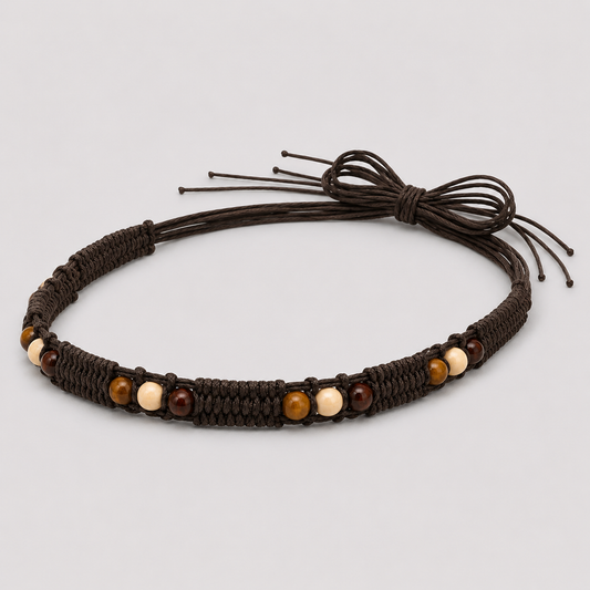 Boho Beaded Macramé Tie-On Hat Band – Brown