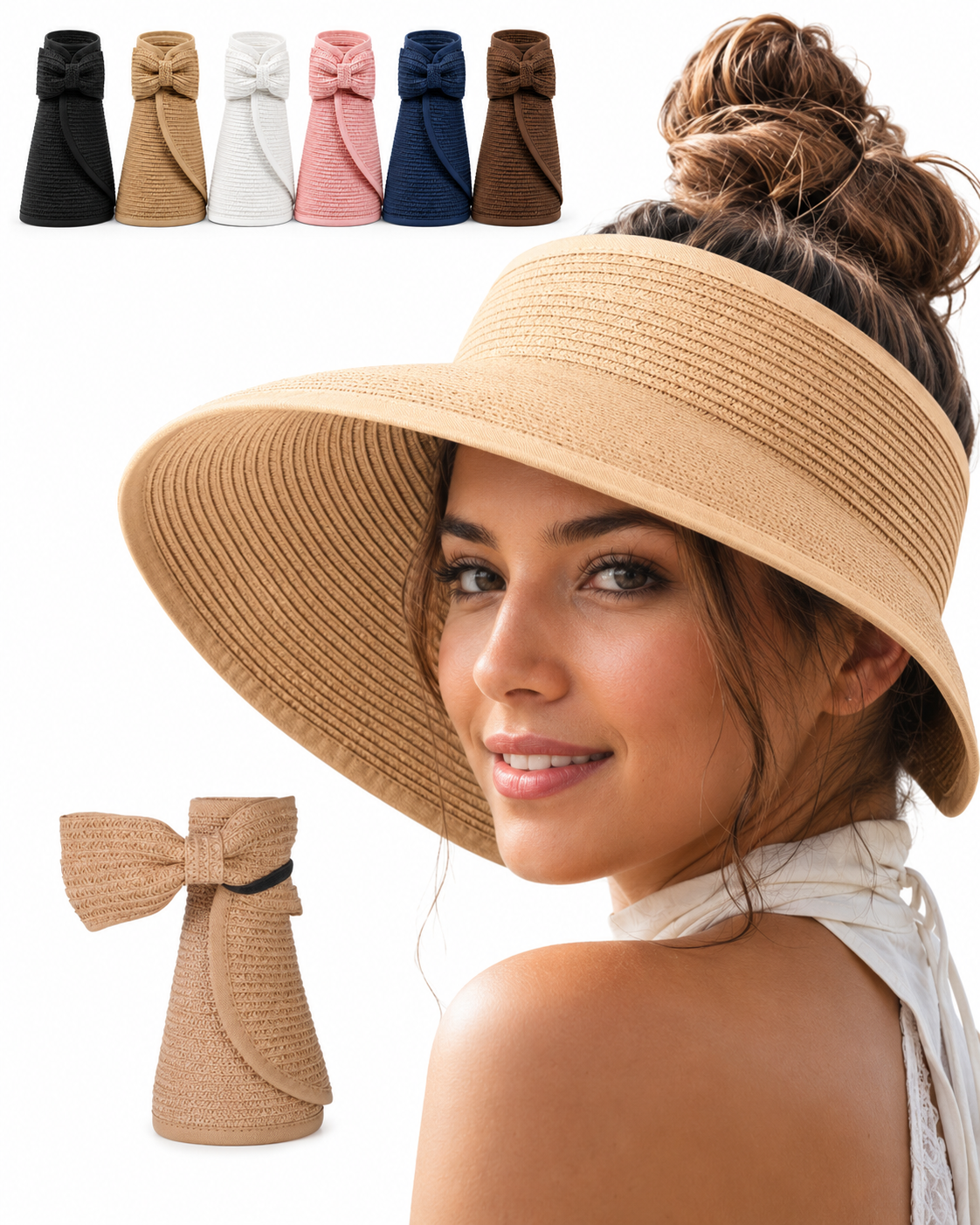 Packable Wide Brim Straw Sun Visor Hat for Women