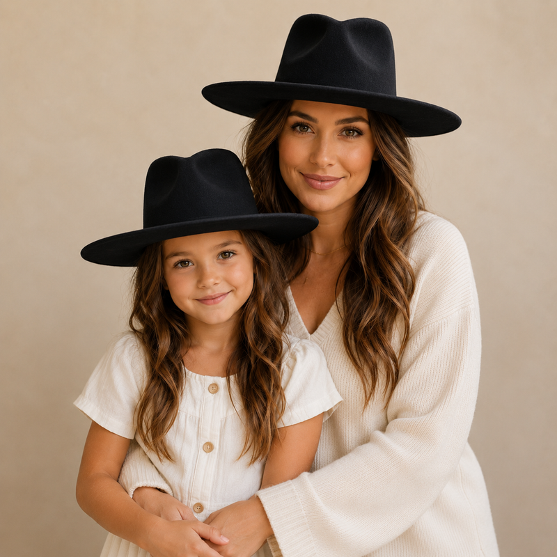 Mommy & Me Vegan Felt Wide Brim Rancher Hat Set | Matching Mother Daughter Western Hat