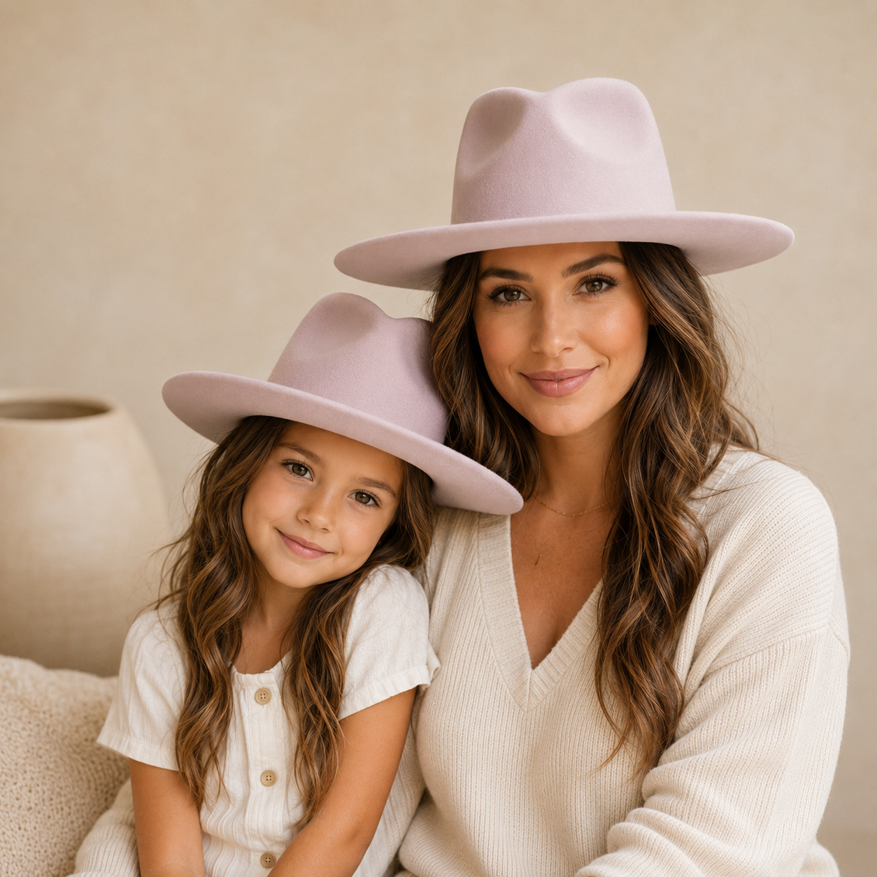 Mommy & Me Vegan Felt Wide Brim Rancher Hat Set | Matching Mother Daughter Western Hat
