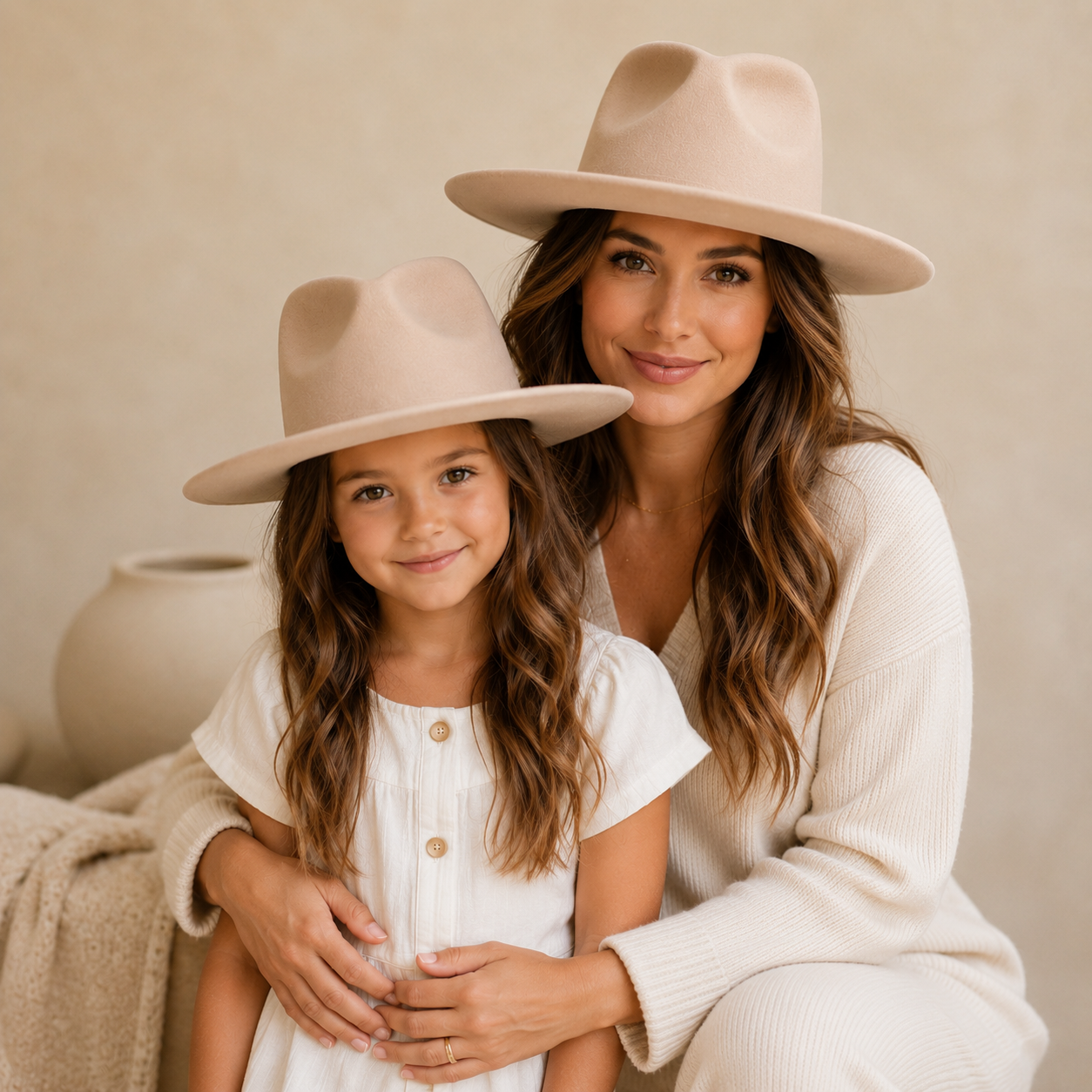Mommy & Me Vegan Felt Wide Brim Rancher Hat Set | Matching Mother Daughter Western Hat