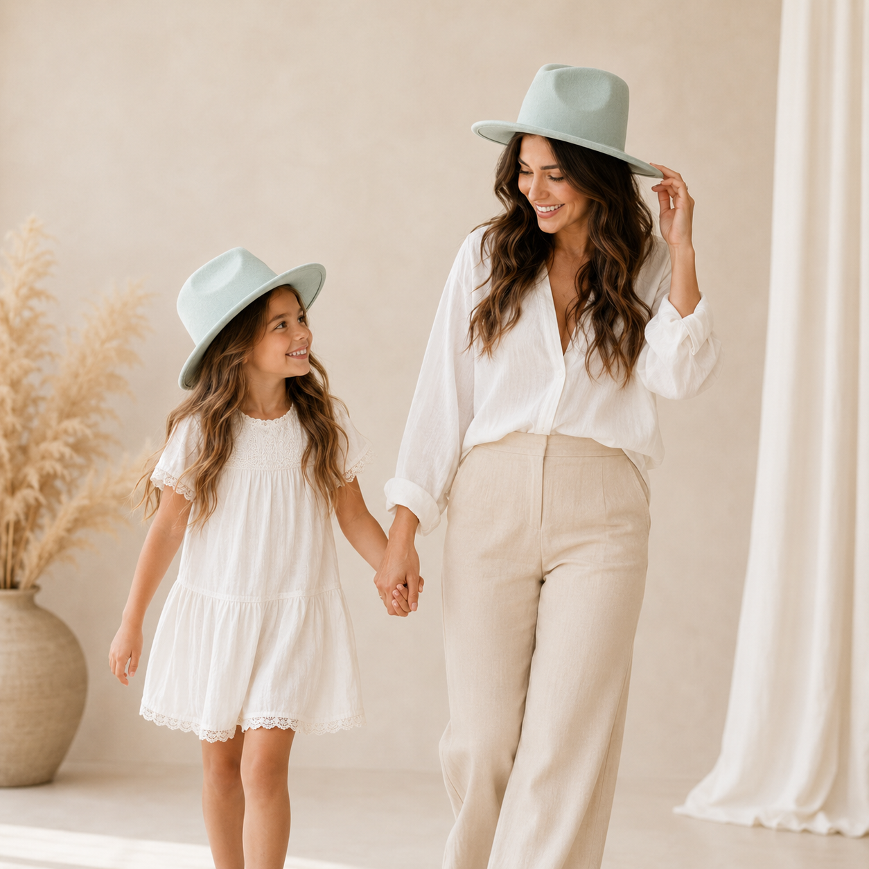 Mommy & Me Vegan Felt Wide Brim Rancher Hat Set | Matching Mother Daughter Western Hat