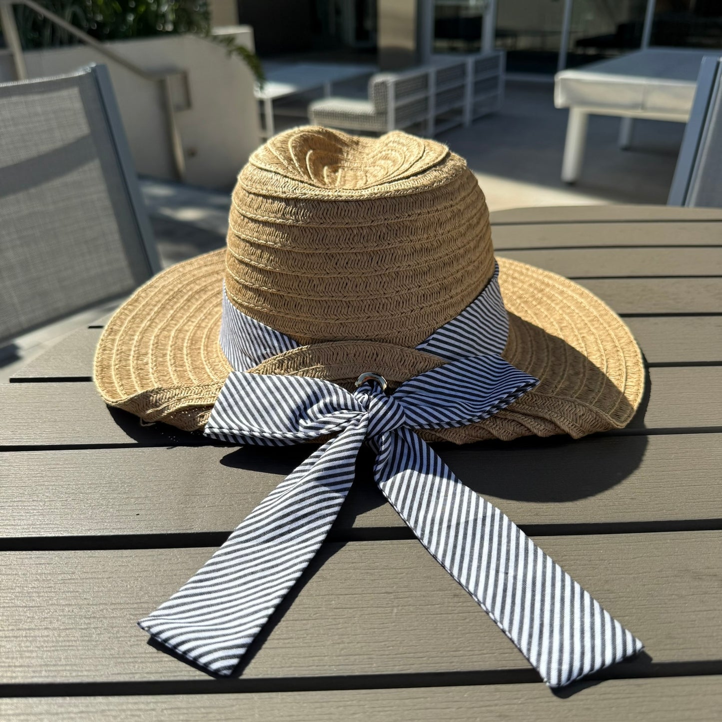 Striped Ribbon Tie Straw Sun Ha