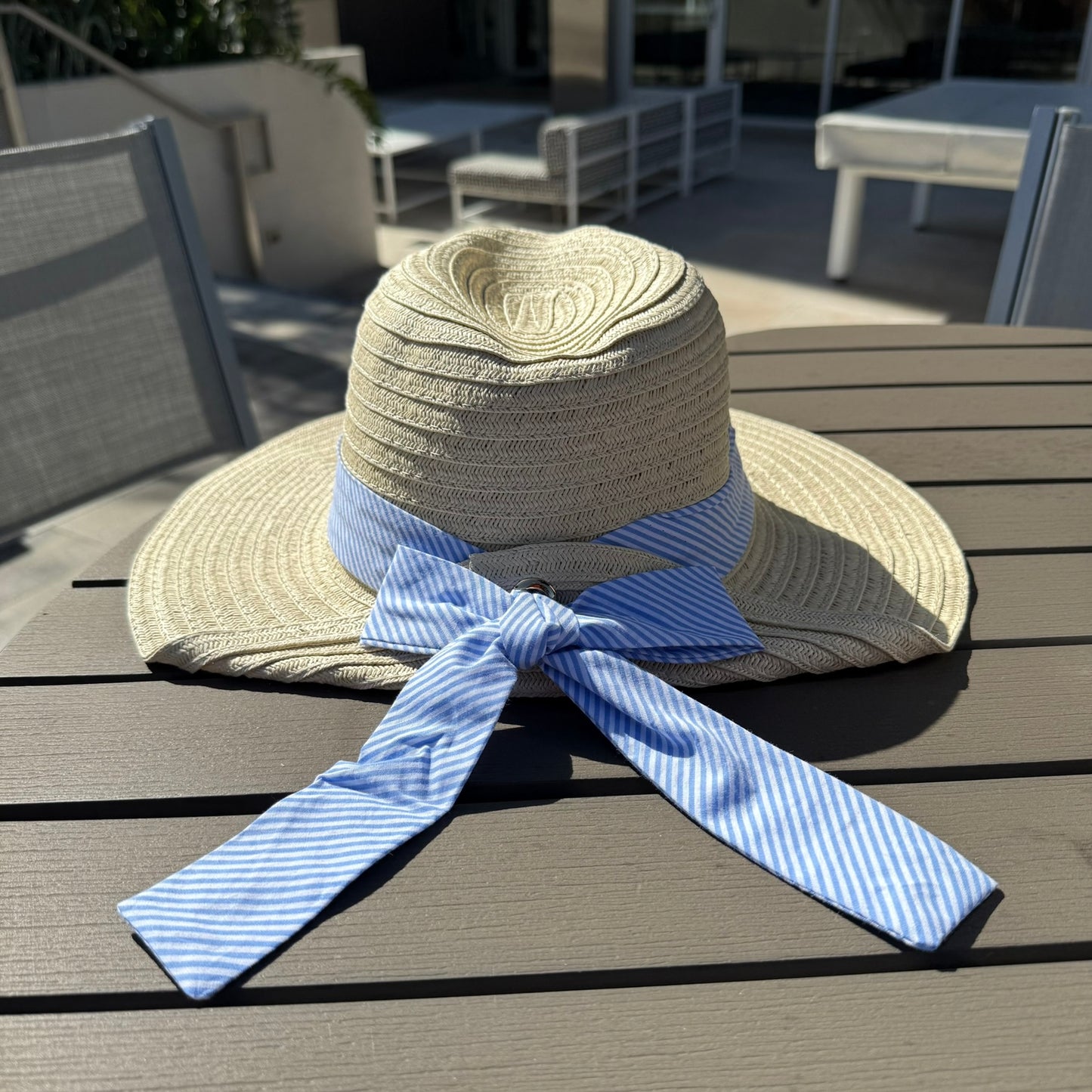 Striped Ribbon Tie Straw Sun Ha