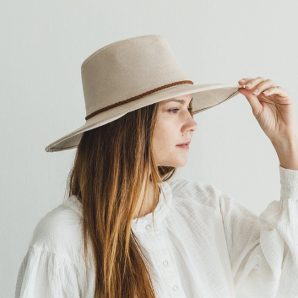 WIDE BRIM VEGAN SUEDE  HAT W/ BRAIDE BELT