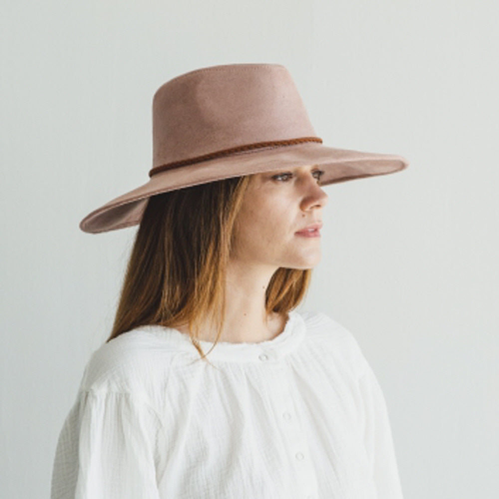 WIDE BRIM VEGAN SUEDE  HAT W/ BRAIDE BELT