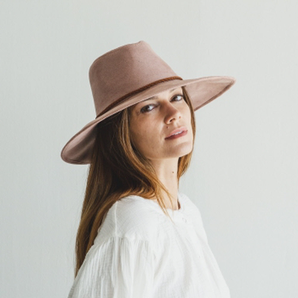 WIDE BRIM VEGAN SUEDE  HAT W/ BRAIDE BELT