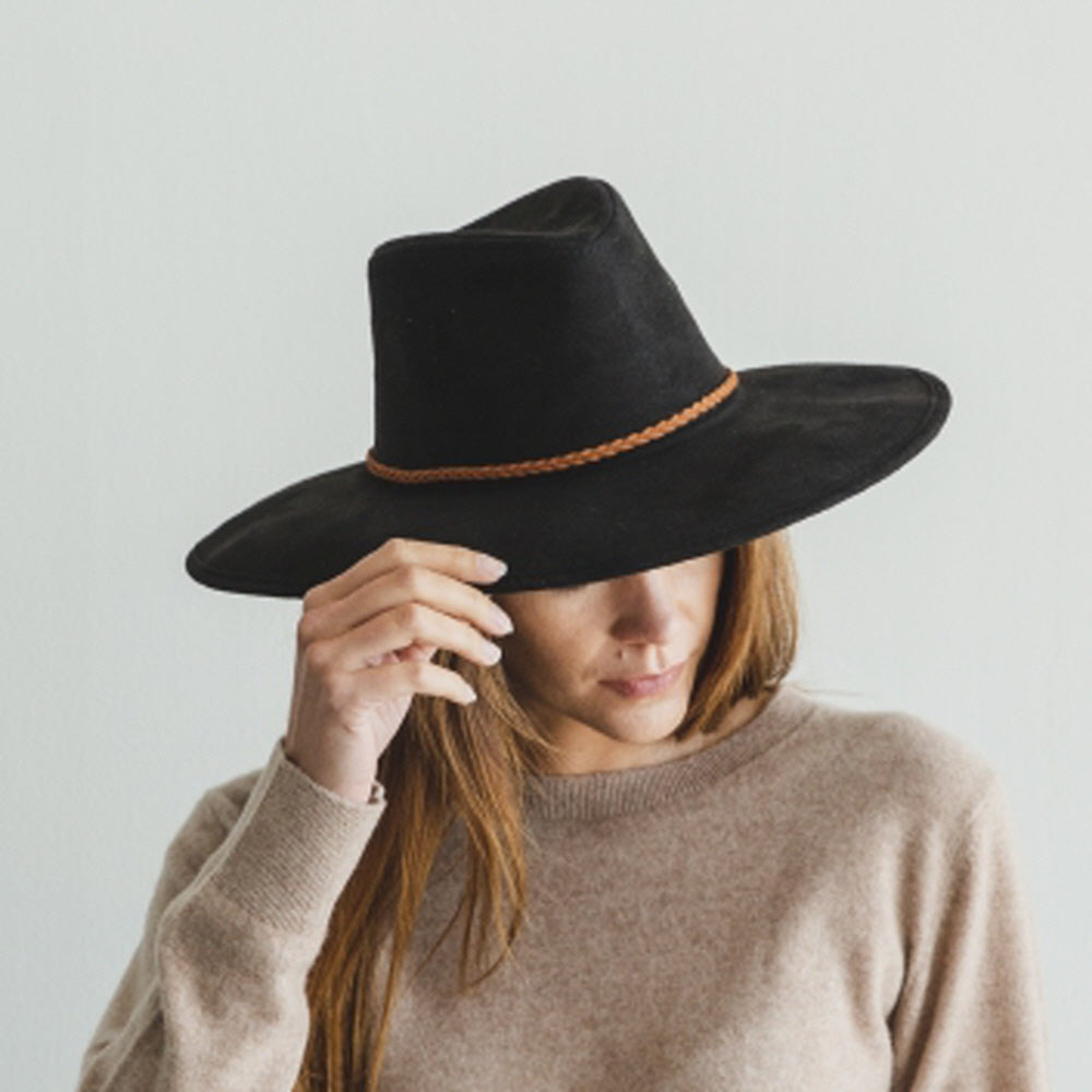 WIDE BRIM VEGAN SUEDE  HAT W/ BRAIDE BELT