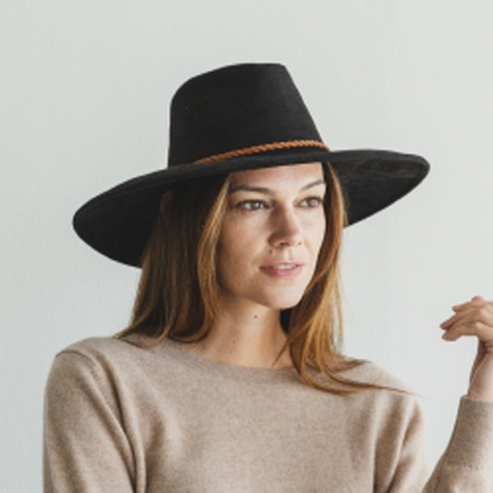 WIDE BRIM VEGAN SUEDE  HAT W/ BRAIDE BELT