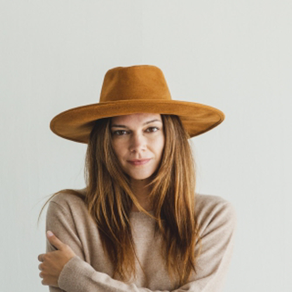 WIDE BRIM VEGAN SUEDE  HAT W/ BRAIDE BELT