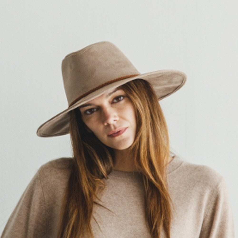 WIDE BRIM VEGAN SUEDE  HAT W/ BRAIDE BELT