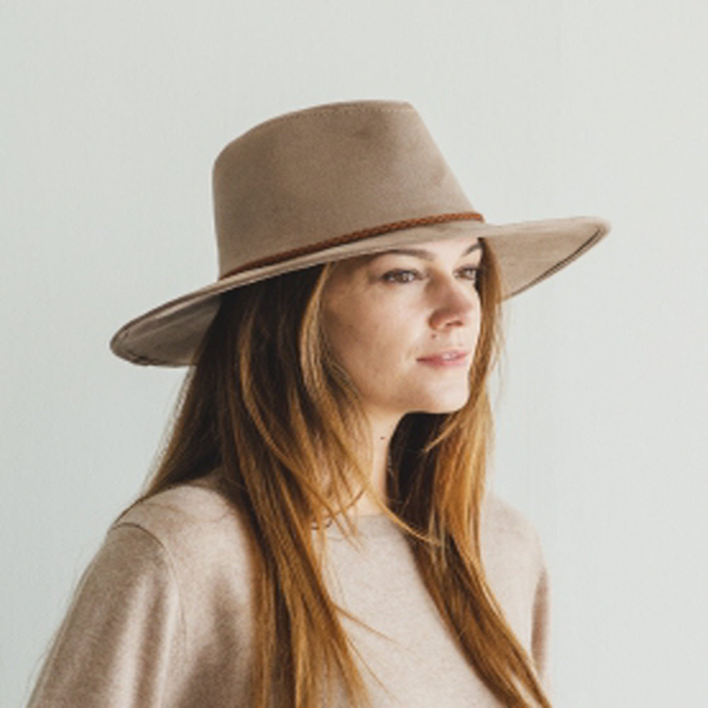 WIDE BRIM VEGAN SUEDE  HAT W/ BRAIDE BELT