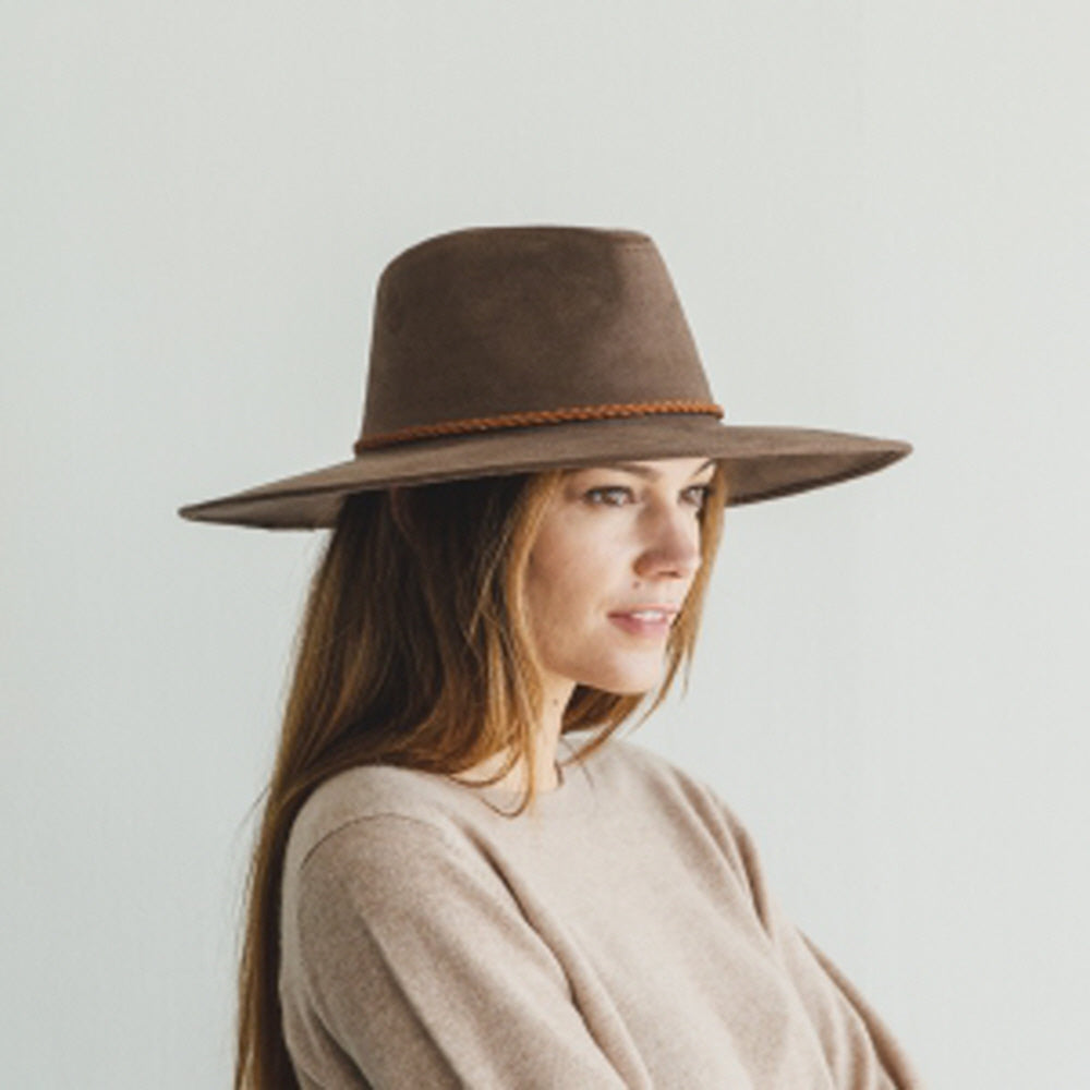 WIDE BRIM VEGAN SUEDE  HAT W/ BRAIDE BELT