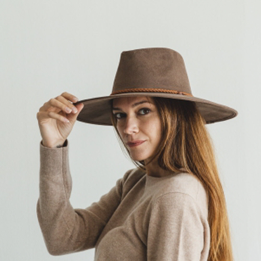 WIDE BRIM VEGAN SUEDE  HAT W/ BRAIDE BELT