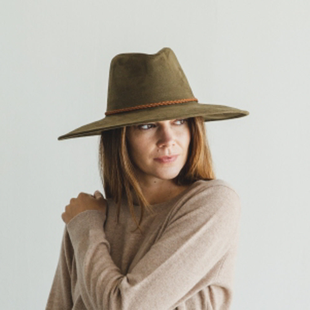 WIDE BRIM VEGAN SUEDE  HAT W/ BRAIDE BELT