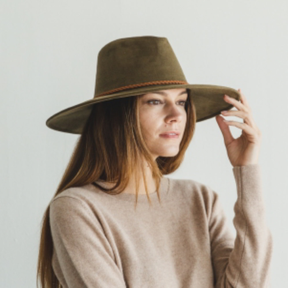 WIDE BRIM VEGAN SUEDE  HAT W/ BRAIDE BELT