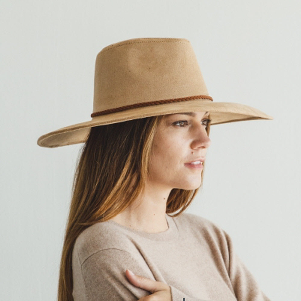 WIDE BRIM VEGAN SUEDE  HAT W/ BRAIDE BELT