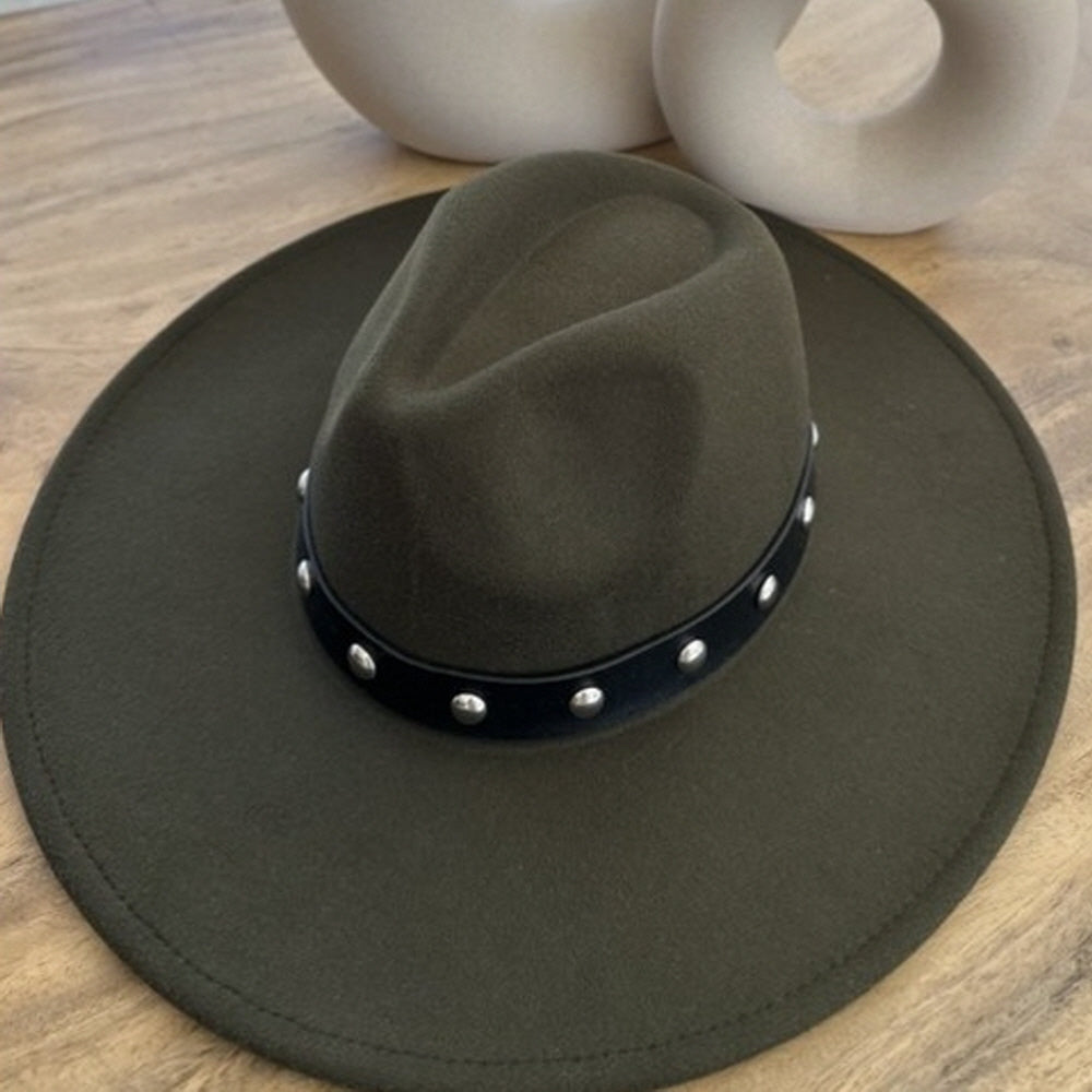 VEGAN FELT FEDORA W/STUDDED LEATHER BELT