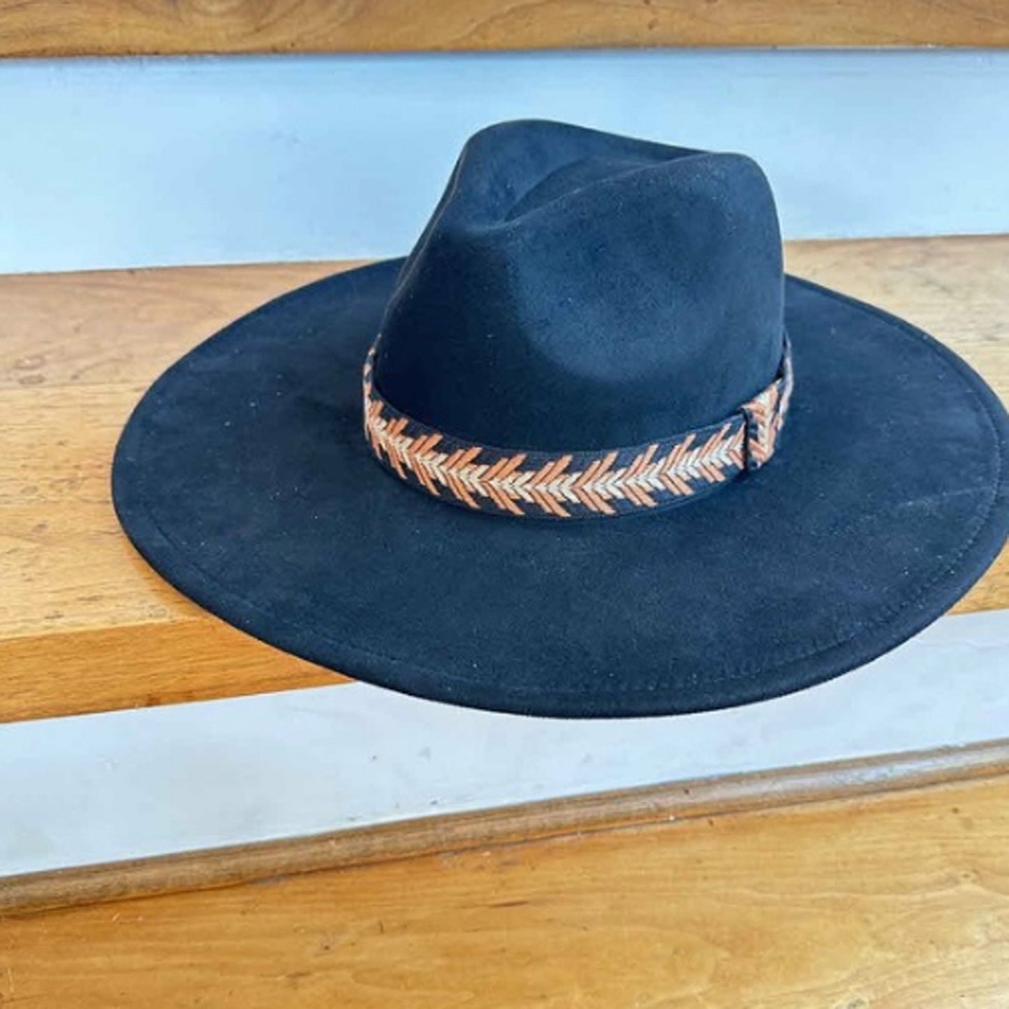 VEGAN SUEDE FEDORA HAT W/JAQUARD TAPE