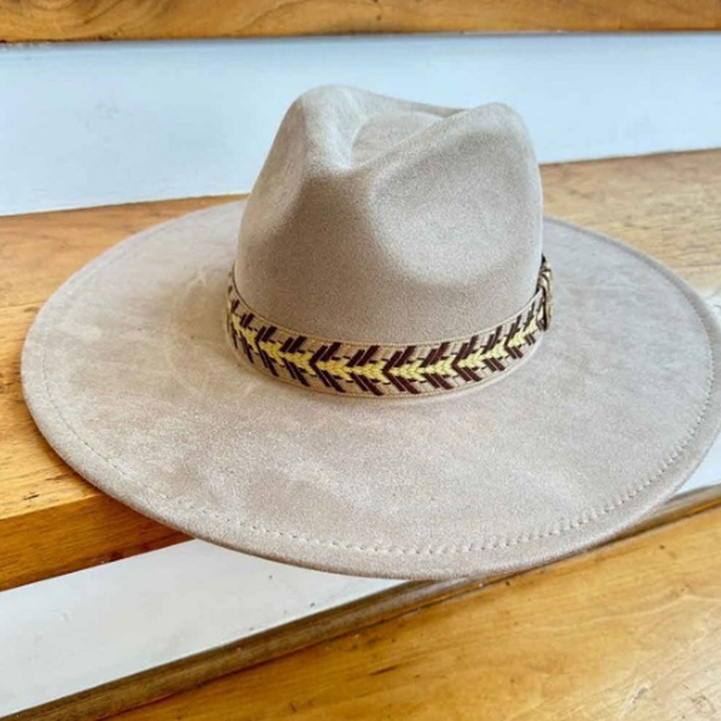 VEGAN SUEDE FEDORA HAT W/JAQUARD TAPE