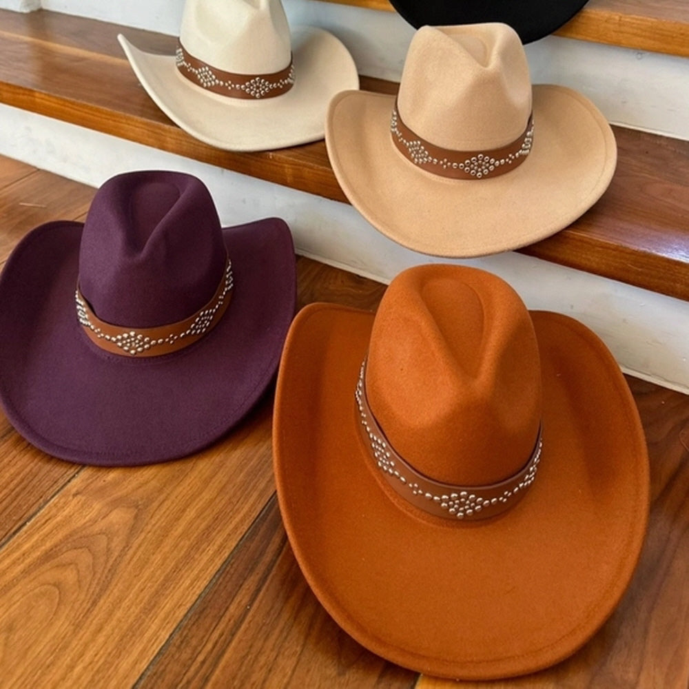 VEGAN FELT COWBOY HAT STUDDED LEATHER BELT